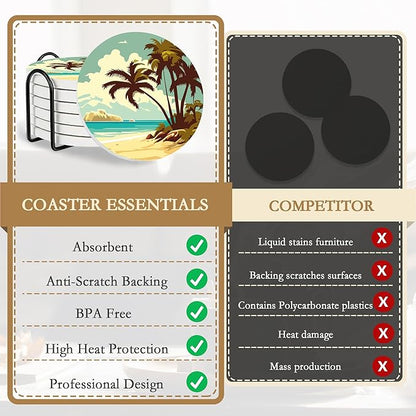 Drink Coasters with Holder,6 Pcs Palm Trees Beach Sunset Absorbent Ceramic Drink Pads, Non-Slip Table Protectors for Coffee & Glasses