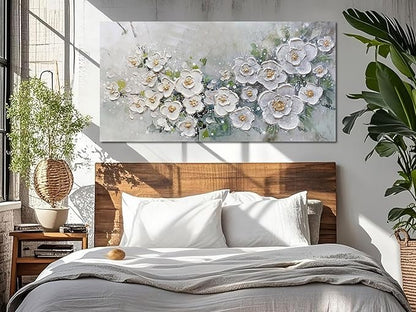 Brushart White Flower Wall Art Textured Floral Canvas Art Wall Decor Living Room Large Picture Wall Art Painting Artwork for Walls Bedroom Home Office, 48"x24"