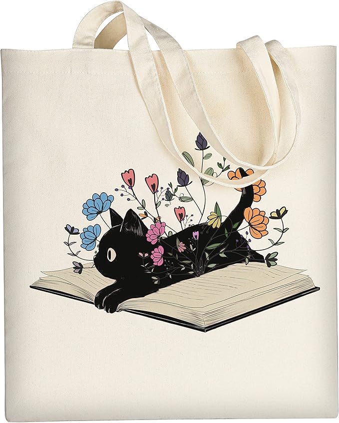 AUSVKAI Cute Cat Book Canvas Tote Bag for Women Reusable Cotton Grocery Bag Beach Totes Gift