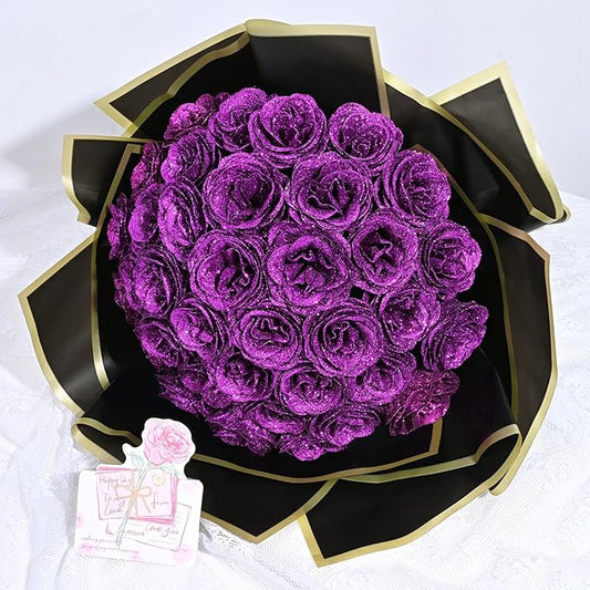 Waipfaru Glitter Roses Bouquet, DIY Fake Flowers Bouquet, Birthday Gifts for Women Mom, 24 Pcs Purple Rose for Wife Girlfriend Valentines, Mothers Day, Anniversary, Graduation