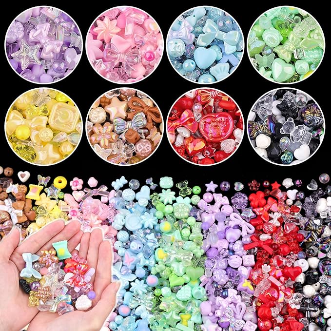 Assorted Acrylic Beads, 500-550PCS 8 Colors Mixed Cute Beads for Bracelet Making, GummyBear Bow Flower Kawaii Charms for Jewelry Making DIY Necklace Keychain Phone Charm Christmas Gift