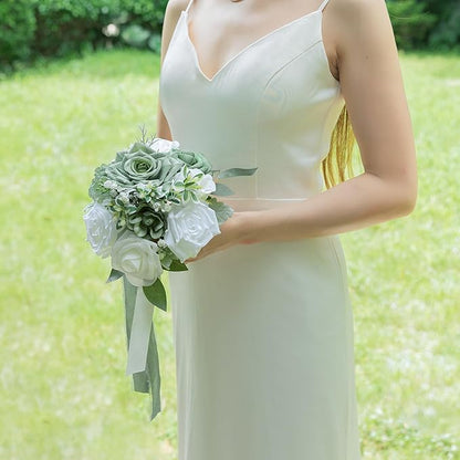 ponatia Sage Grenn Wedding Bouquets for Bride Bridesmaid, White Wedding Artificial Roses Flowers for Wedding Bouquets Ceremony, Anniversary (Sage Green & White)
