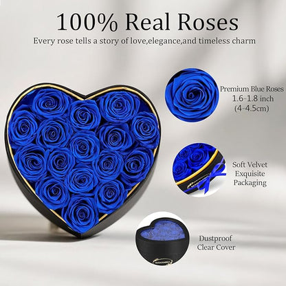 16 Preserved Roses in Heart Shape Gift Box for Her - Forever Flowers for Delivery, Eternal Rose Mothers Gifts for Mom, Wife Anniversary Birthday Gifts for Women, Blue
