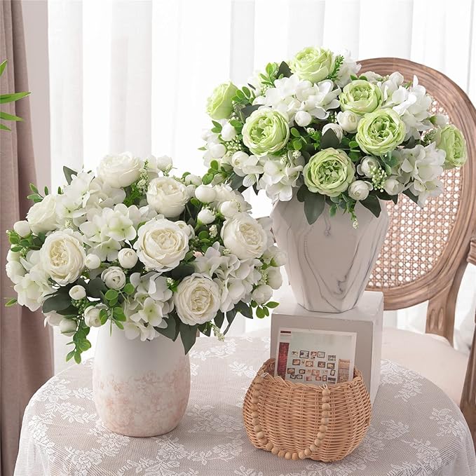 4 Bunches Green Peony Artificial Flowers for Decoration Faux Rose Fake Bouquet Silk Arrangements Table Centerpiece for Vase Cake Topper Bridal Baby Shower