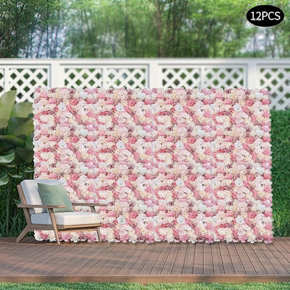 12pcs 24" x 16" Artificial Flower Wall Panel Background,3D Pink Silk Dahlia Hydrangea Rose Flowers Wall Backdrop for Wedding Party Event Photo Backdrop Wall Decor (Type 4)