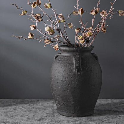 Handmade Black Ceramic Vases 9.5” Matte Antique Decorative Vase with 3-Ear Design Modern Rustic Home Decor for Living Room, Shelf, Table, Entryway – Jarrones Decorativos para Sala
