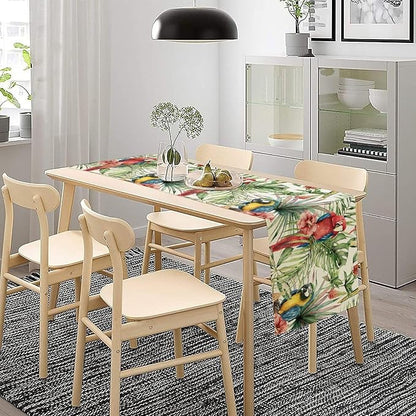 Parrot Table Runner,Tropical Palm Leaf Colorful Macaw Bird Watercolor Print Tablecloth Burlap for Hotel Indoors Outdoor Dining Room Kitchen Home Decor,W13X L108 in
