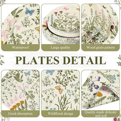 250 Pcs Wildflower Party Decorations Include Spring Summer Floral Paper Plates Napkins and Cups for Wildflower Baby Shower Tea Decorations, Serve 50 Guest(Light Green,Vintage Style)