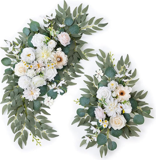 Artificial Arch Flowers Swag Set of 2 for Wedding Welcome Sign Floral Decoration and Reception Backdrop Decoration(Champagne White)