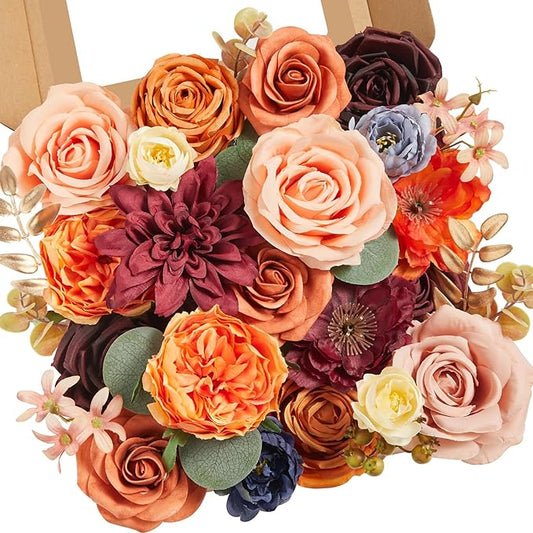 Serwalin Artificial Fall Flowers Orange Burgundy Silk Flowers Wedding Flowers Combo for Cake Home Party Decoration, Fake Flowers for Bridal Bouquets Floral Arrangements