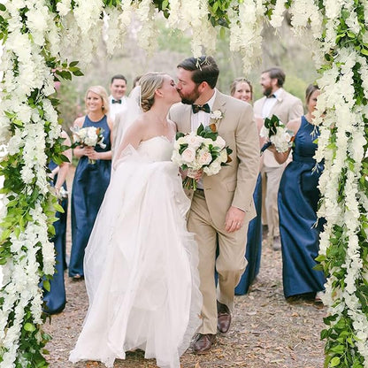Wisteria Artificial Flowers Garland, 2Pcs Total 14.4ft Silk Faux Wisteria Vine Kit, Hanging Flower Plant for House Outdoor Garden Ceremony Outside Wedding Arch Floral Decor (2, White)
