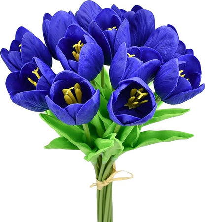 Mandy's Artificial Tulips 12 Stems Royal Blue Partially Open PU Faux Flowers for Wedding Home Decor 13.5 Inch