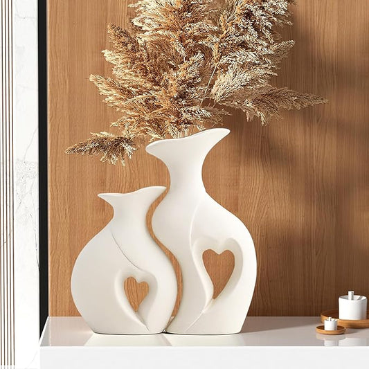 White Ceramic Vase Set of 2 for Home Decor,Minimalist Nordic Boho Vase for Decor,Flower Vases for Wedding,Living Room,Dining Table,Bedroom,Entryway,Office,Coffee Table Decor