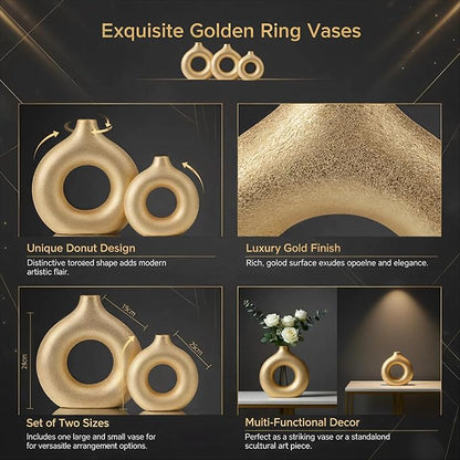 Modern Donut-Shaped Decorative Vases, Handmade Minimalist Boho ins Style, Modern Vase for Home Decor for Wedding Dinner Table Party Living Room Office Bedroom (Gold, Extra Large + Large)