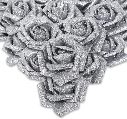 IPOPU Silver Roses Artificial Flowers,50pcs Glitter Flowers Fake Foam Roses with Stem for DIY Wedding Bridal Bouquet Home Party Christmas Decoration(Silver)