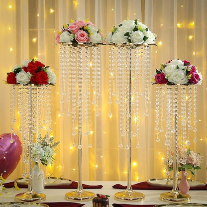 21.6in Bead Crystal Flower Arrangement Stand, Golden Flower Holder 2-Piece Lead Road Candle Holder,for Home Party Wedding Anniversary Christmas Decorations