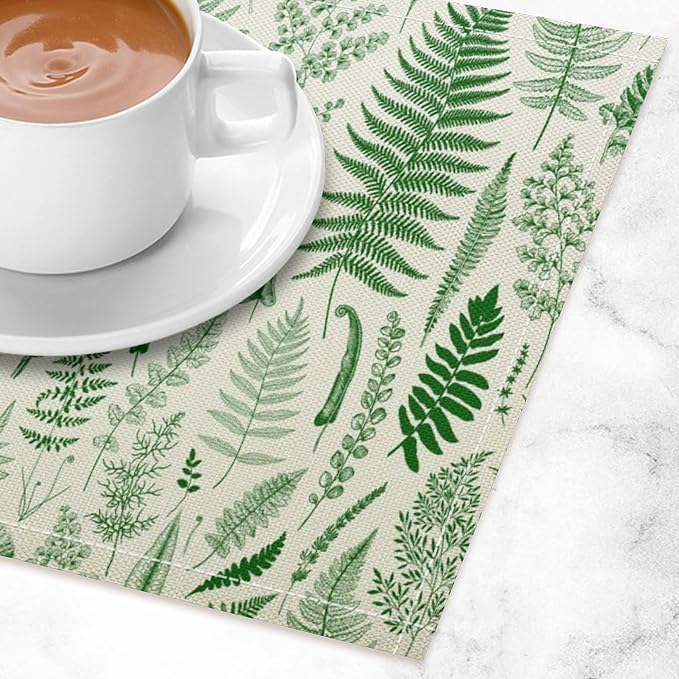 Vintage Leaves Placemats Set of 6, 17x12 Inch Green Boho Abstract Aesthetic Tropical Botanical Leaves Modern Art Printed Table Mats for Home Party Kitchen Dining Decor