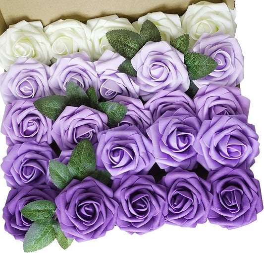 25pcs Artificial Flower Purple Foam Rose Real Touch Roses Flower Heads with Stem for DIY Wedding Bouquets Centerpieces Arrangements Party Baby Shower Home Decor (Shades of Purple Rose)