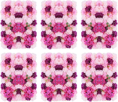 Flower Wall Panel Floral Backdrop,6pcs Champagne Flower Wall Decor,Silk Rose Wall, Artificial Flower Backdrop Faux Flower Panel for Wedding (6PCS Pink, Purple)