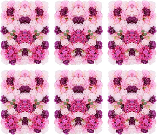 Flower Wall Panel Set,Artificial Wall Flower Backdrop,6Pcs 23.62 * 15.74 3D Silk Hydrangea Rose Floral Panel,Faux Roses Artificial Flower Backdrop for Wall Decor (6PCS Pink, Purple)