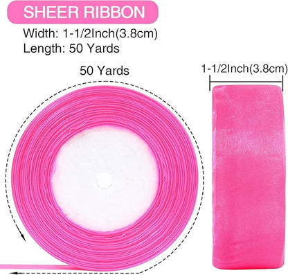 1-1/2 Inch x 50 Yards Sheer Organza Ribbon Chiffon Ribbon for Gift Wedding Flower Bouquet Wrapping Decorations Crafts (Hot Pink)