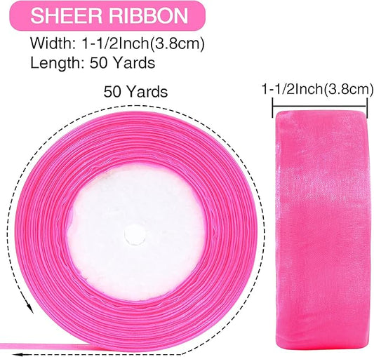 1-1/2 Inch x 50 Yards Sheer Organza Ribbon Chiffon Ribbon for Gift Wedding Flower Bouquet Wrapping Decorations Crafts (Hot Pink)