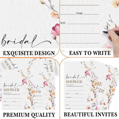 Boho Bridal Shower Invitations, Spring Floral Invites with Envelopes, 4x6 Set of 25 Invite Card for Wedding Shower, Newlyweds, Party Favor & Decorations-A03