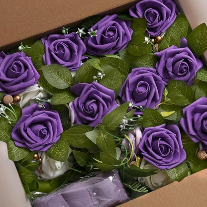 DORIS HOME Wedding Chair Decorations Purple Pew Flowers Set of 10 for Wedding Ceremony Party Aisle Decor with Artificial Flowers Eucalyptus and Ribbons