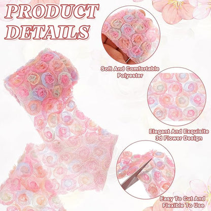 uxcell 2PCS Lace Trim Ribbon, 2.36 inch - 1 Yard 3D Rose Floral Embroidery Ribbons Edge Trimming for Sewing, Wedding Dress, DIY Crafts, Decoration Accessories, Pink Rose