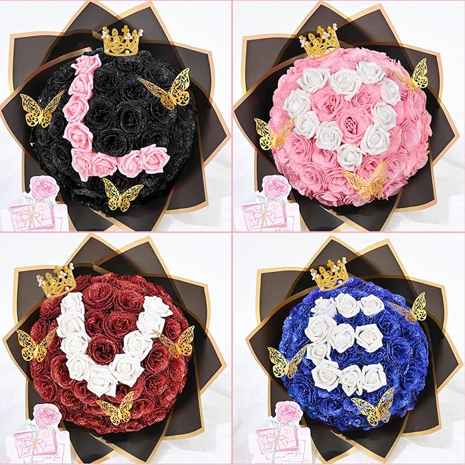 36+20 Glitter Roses Bouquet, DIY Fake Flowers Bouquet, Craft The Initials of Your Loves' Name with Artificial Rose Bouquet for Valentines, Anniversary, Wedding, Red & White