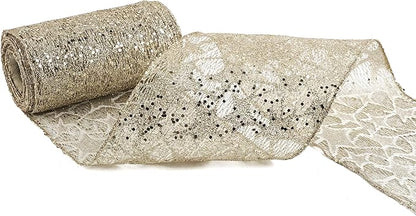 MEEDEE 6 Inch Wide Wired Ribbon Champagne Gold Glitter Mesh Web Wired Edge Ribbon by 10 Yards Roll Champagne Mesh Wired Ribbons for Christmas Tree, Garland, Wreaths, Bows, Centerpiece, Gift Wrapping