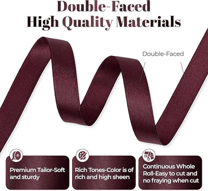 Burgundy Satin Ribbon, Double Faced 1/2 Inch X 50 Yards Burgundy Ribbon, Premium Satin Ribbon for Gift Wrapping, Crafts, Hair Bow Making, Sewing, Flower Bouquet, Wedding Party Decor