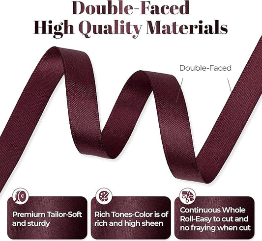 Burgundy Satin Ribbon, Double Faced 1/2 Inch X 50 Yards Burgundy Ribbon, Premium Satin Ribbon for Gift Wrapping, Crafts, Hair Bow Making, Sewing, Flower Bouquet, Wedding Party Decor