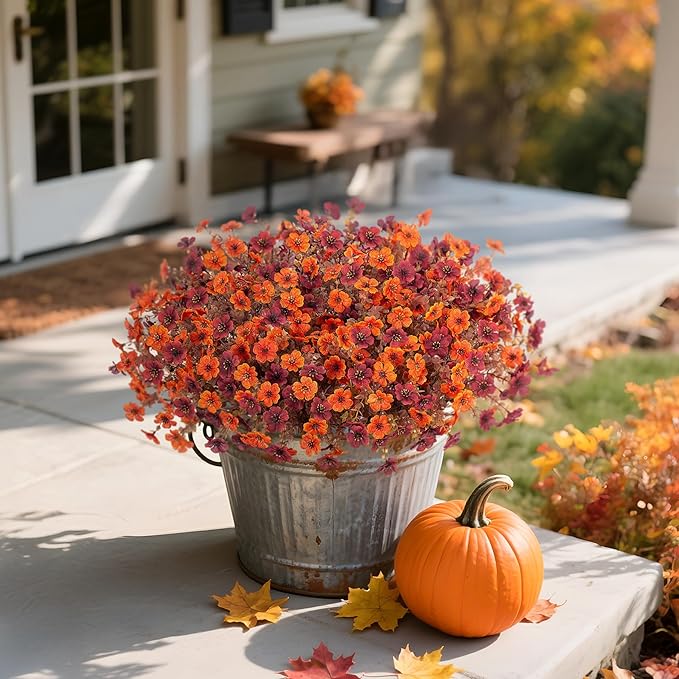Fall Mums Artificial Flowers for Outdoors Potted, 12 Bundles Fake Fall Daisy Flower with Realistic Eucalyptus Leaves, Fake Plants for Greenery Boxwood Porch Patio Garden Pot Courtyard Lawn