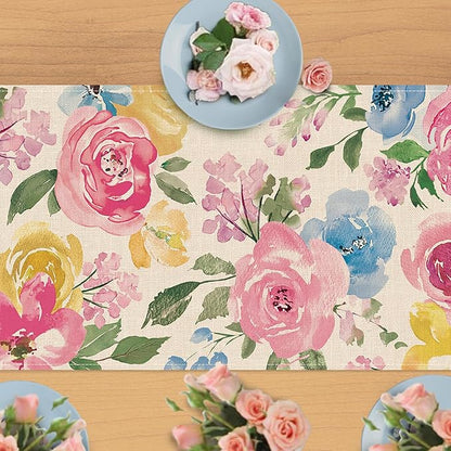 Seliem Spring Summer Watercolor Flower Table Runner, Peony Floral Kitchen Dining Table Decor, Seasonal Burlap Home Decoration Indoor Outdoor Party Supply 13 x 90 Inches