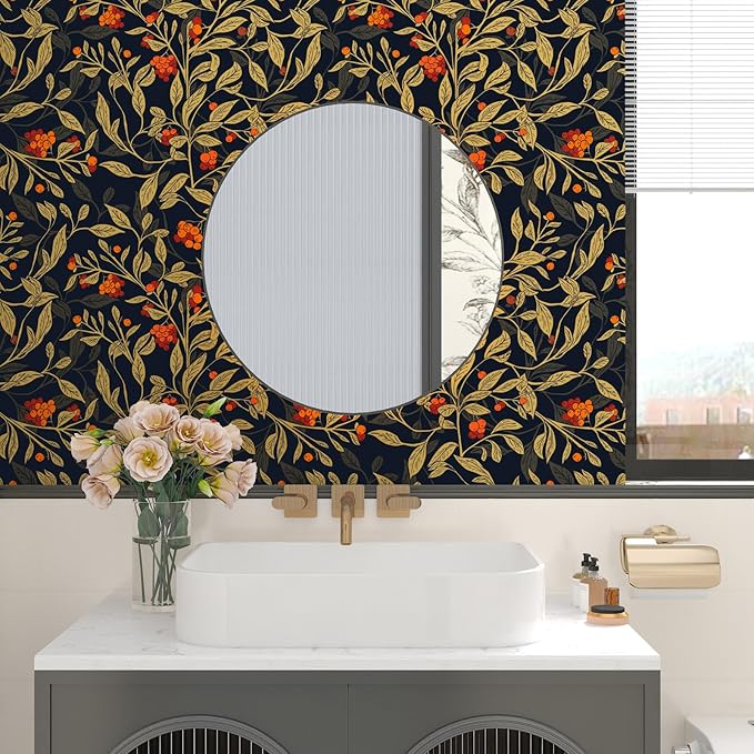 Dark Floral Wallpaper Peel Stick, Vintage Botanical Removable Contact Paper Stick on Cubicle Drawer Cabinet, Self-Adhesive Vinyl Leaf Fruit Wall Paper Black Yellow Gold Orange 17.5In x 9.8Ft