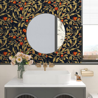 Dark Floral Wallpaper Peel Stick, Vintage Botanical Removable Contact Paper Stick on Cubicle Drawer Cabinet, Self-Adhesive Vinyl Leaf Fruit Wall Paper Black Yellow Gold Orange 17.5In x 9.8Ft