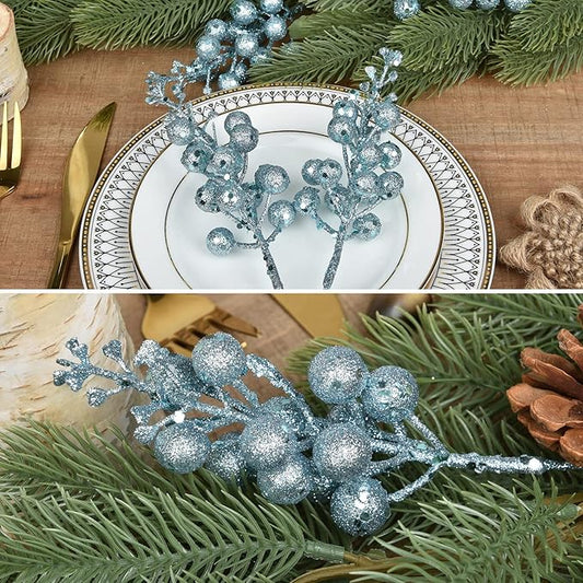 DearHouse 14 Pack Christmas Glitter Berries Stems, 7.8Inch Artificial Christmas Picks for Christmas Tree Ornaments, DIY Xmas Wreath, Crafts, Holiday and Home Decor (Light Blue)