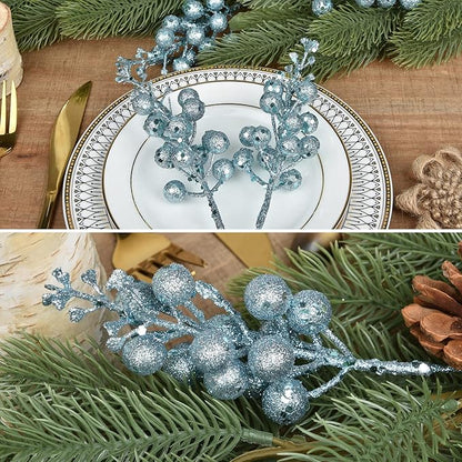 Red Berries, 14 Pack Artificial Berry Stems for Christmas Tree Decorations, Crafts, Holiday and Home Decor, 7.9 Inches (Light Blue)