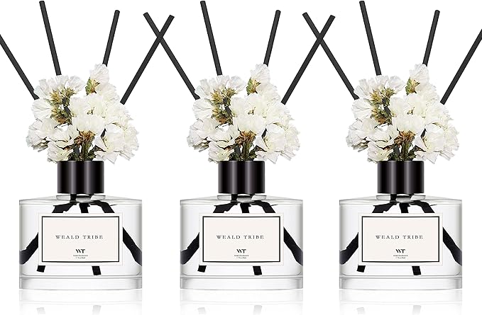WEALD TRIBE Real Flower Reed Diffuser Set of 3 for Bathroom Shelf Decor, Lemongrass,Eucalyptus & Mint,Velvet Vanilla Scent Sticks Defusers with Essential Oils | Home Office Fragrance(1.7 fl oz/Pack)
