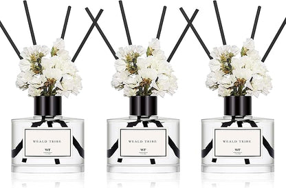 WEALD TRIBE Real Flower Reed Diffuser Set of 3 for Bathroom Shelf Decor, Lemongrass,Eucalyptus & Mint,Velvet Vanilla Scent Sticks Defusers with Essential Oils | Home Office Fragrance(1.7 fl oz/Pack)