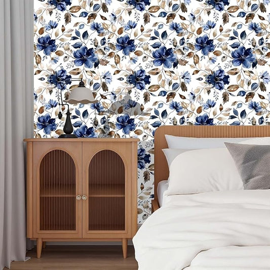 Blue Floral Peel and Stick Wallpaper Modern Contact Paper Waterproof Botanical Flower Removable Self Adhesive Wallpaper for Bathroom Bedroom Living Room Cabinets 17.7"x70.7"