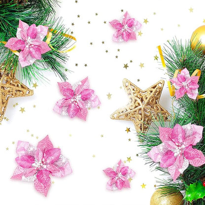 Boao 24 Pieces Christmas Artificial Glitter Poinsettia Flowers Xmas Flowers Wedding Christmas Tree New Year Ornaments (Pink)