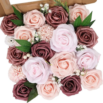Artificial Flowers Combo Dusty Pink White Roses with Stems Leafs Bouquets Bridal Wedding Shower Decorations Fake Floral for Party Table Centerpieces