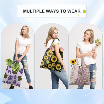 BeeGreen Flower Reusable Shopping Bags Cute Grocery Bag 6 Pack, Christmas Gift Bags Heavy-Duty Foldable Shopping Totes for Supermarket, Work & Travel, Large Washable Polyester Tote Bag with Handles