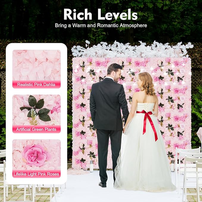 12pcs Flower Wall Panels 15.7" x 23.6" Floral Wall Artificial Flower Backdrop for Wedding Party Photo Backgrounds Light Pink