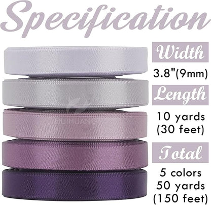 HUIHUANG Satin Ribbon 3/8 inch x 5 Rolls, Lilac, Dusty Purple, Lavender, Amethyst and Purple for Crafts, Gift Wrapping, Hair Decor, Wedding, Bridal Shower Decor - Total 50 Yards