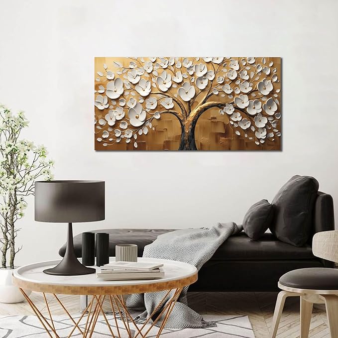 Large Wall Art for Living Room Bedroom Office Tree Art Wall Decor Gold Artwork Tree of Life Wall Art White Flower Framed Wall Decor Modern Canvas Prints 20x40 In
