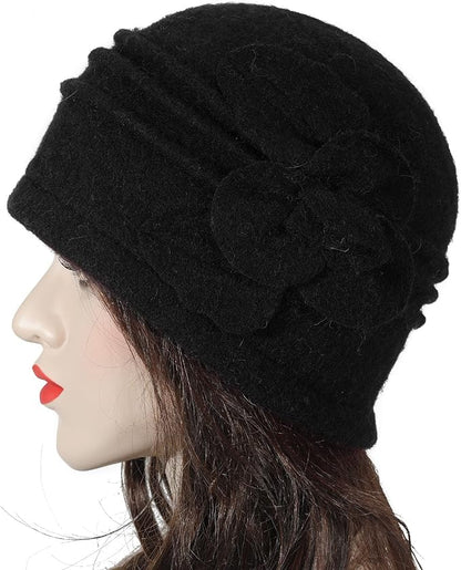 ZLYC Women Wool Cloche Bucket Hat 1920s Vintage Dress Winter Hats with Flower Accent