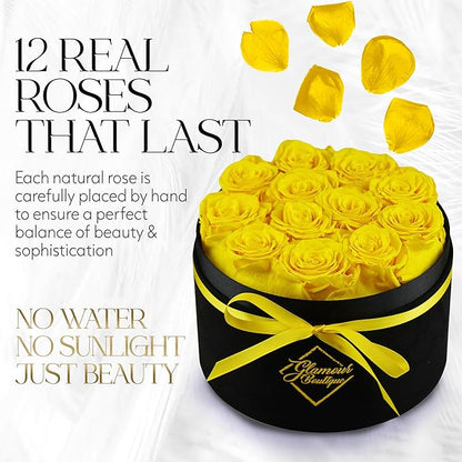 GLAMOUR BOUTIQUE Flowers Forever Gift Box 12 Real Preserved Roses in a Velvet Box, Birthday for Her Mom and Wife, Mothers Day, Anniversary, Graduation - Yellow